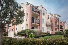 an exterior view of apartments with balconies and trees