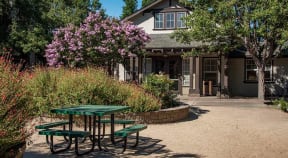 a green picnic table and benches in front of a house