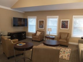 a living room with couches and chairs and a television