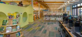 a view of the library from the front desk