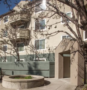a courtyard with a tree in front of a building