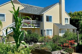 a yellow house with a garden in front of it