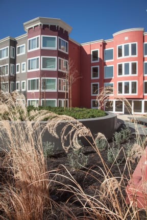 an image of an apartment building with a garden in front of it