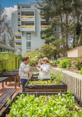 a woman and a girl standing next to a garden of plants