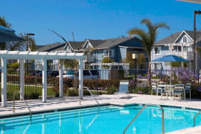 a reflection of a pool and some houses