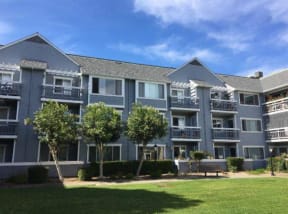 an apartment building with four trees in front of it