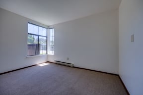 an empty living room with carpet and a window