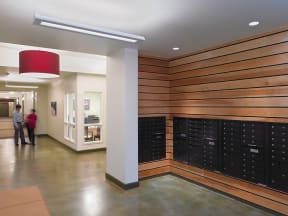a view of the inside of a building with a large array of lockers