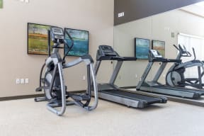 the fitness center has cardio machines and a large mirror at our woodbury apartments