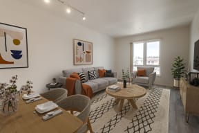 a living room with couches and chairs and a table