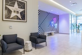 Stylish lobby sitting area at The Chandler in North Hollywood