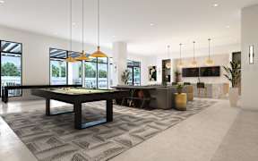 A modern living room with a large table and chairs.