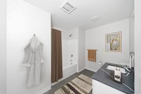 A bathroom with a sink, towel, and rug.