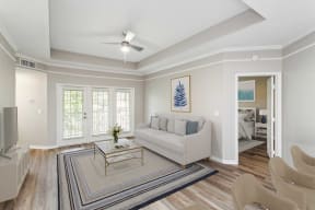 a living room with a couch and a coffee table