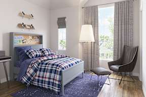 A bedroom with a bed, chair, and a lamp at Walker Place Apartments, Hewitt, TX, 76643