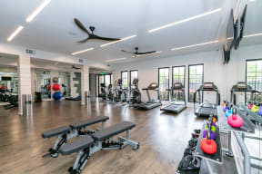 a gym with cardio equipment and weights