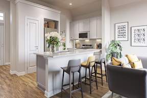 A kitchen with a bar area and a dining table with chairs at Walker Place Apartments, Hewitt, TX, 76643