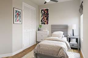 A bedroom with a bed, dresser, and a plant at Walker Place Apartments, Hewitt 76643
