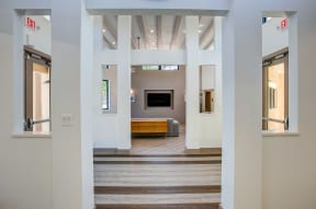 a view of the living room from the entryway
