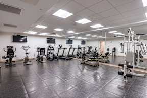 A spacious gym with a variety of equipment.