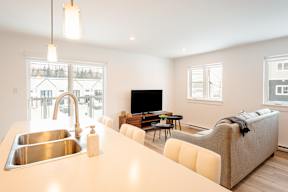 A modern kitchen with a sink, a counter, a couch, and a television.