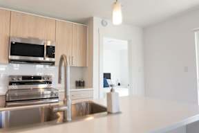 A modern kitchen with a stainless steel sink and a microwave above the stove.