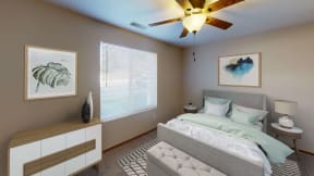 Spacious bedroom with a large window letting in natural light.