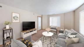 Open living space with bright natural light from large windows.
