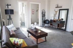 a living room with a couch and a coffee table