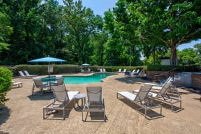 a swimming pool with chairs and umbrellas and trees