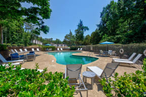 the pool is surrounded by chairs and umbrellas and trees