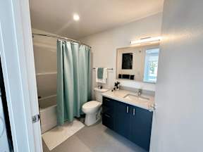 A bathroom with a toilet, sink, and shower.