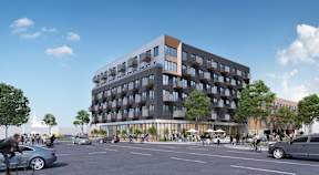 a rendering of a building in a city street with people and cars