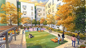 A group of people are gathered in a courtyard with a grassy area and trees.