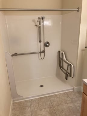 a white shower with a grab rail in a bathroom