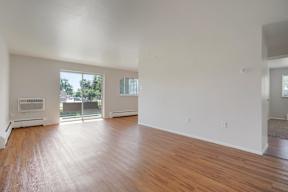 an empty living room with wood floors and a window