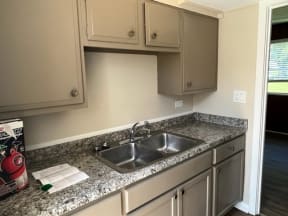 a kitchen with a sink and cabinets in it