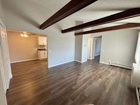 A room with wooden floors and a kitchen area in the background.