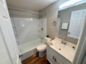 A white bathroom with a toilet, sink, and shower.