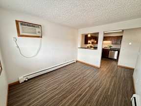 A room with a wood floor and a window with a white air conditioner unit.