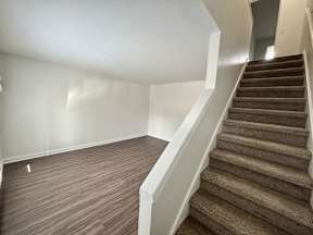 A staircase with a carpeted runner and wooden steps.