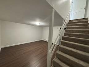 A staircase with a carpeted runner and white railings leads up to a white door.
