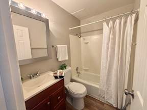 A white bathroom with a toilet, sink, and shower.