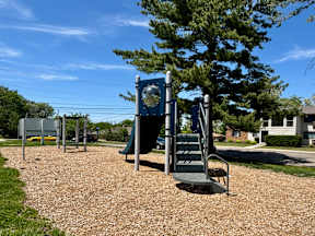 A playground with a slide and a swing set.