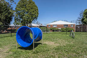 A blue slide in a playground with a building in the background.