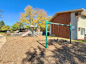 A playground with a swing set and a tree in the background.
