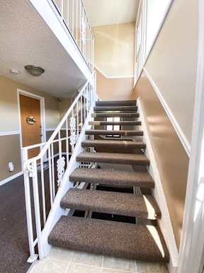 A staircase with a carpeted runner and white railings.