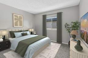 Bedroom in Oro apartment home with plush carpeted flooring, large windows, and spacious closet.