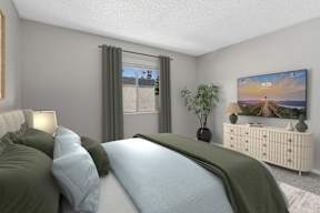 Bedroom in Oro apartment home with plush carpeted flooring, large windows, and spacious closet.