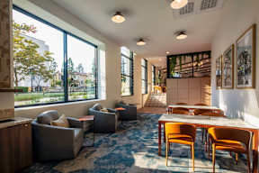 A room with a long table and chairs with a view of the outside.